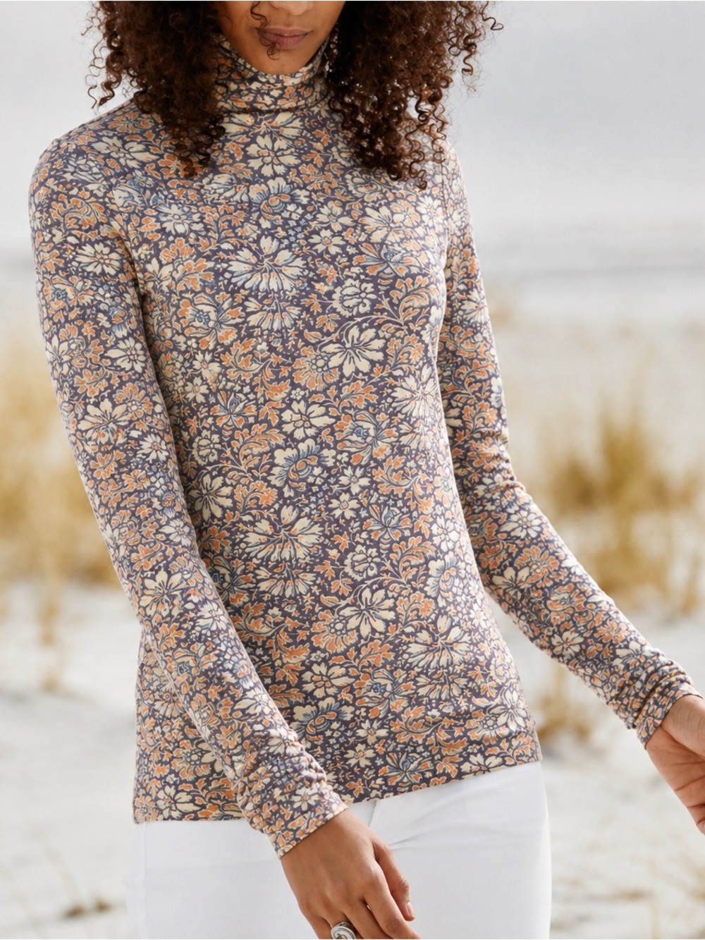 Peruvian Connection Turtleneck Lilac Etched Flowers t-neck Pima Cotton Boho